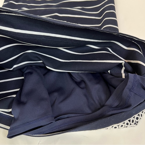 Eliza J striped a-line lace trim navy dark blue dress - Picture 4 of 10